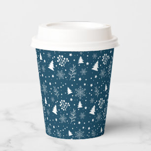 Blue and White Christmas Trees, Snowflakes Holiday Paper Cups