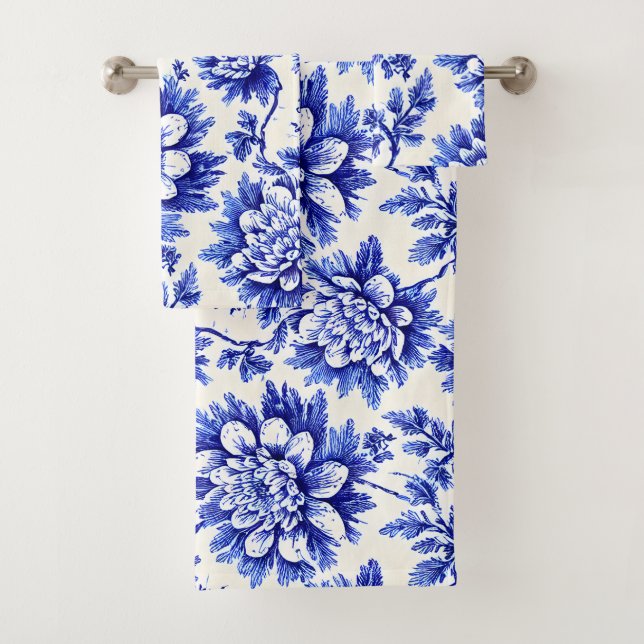 Blue and White Chrysanthemum French Country Decor Bath Towel Set (Insitu)