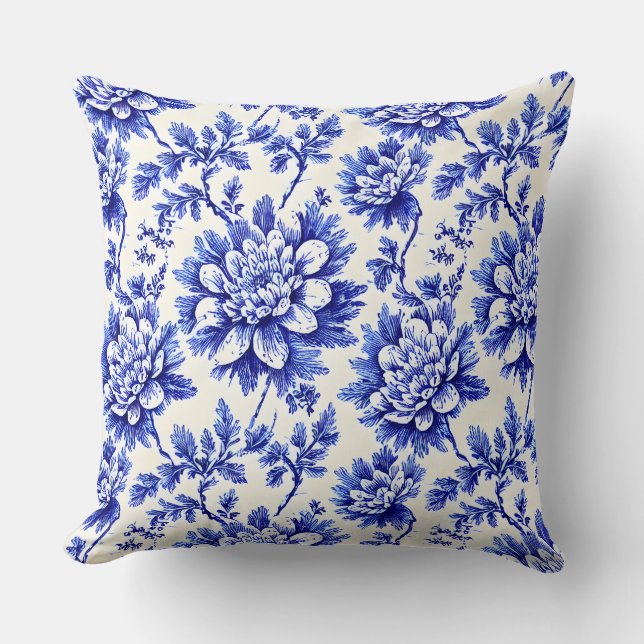 Blue and White Chrysanthemum French Country Decor Cushion (Front)