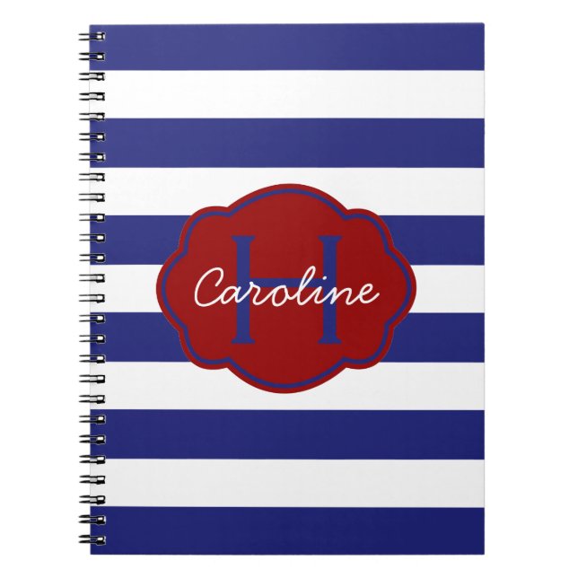 Blue and White Classic Horizontal Stripe Spiral Notebook (Front)