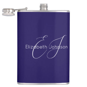 blue and white classic minimalist name customised hip flask