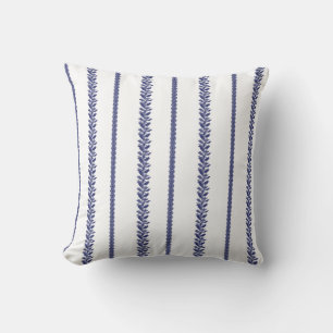 Blue and White Coastal Botanical Stripes  Cushion