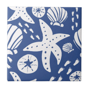Blue and White Coastal Seashell Tile