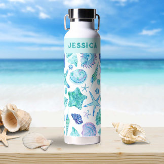 Blue and White Coastal Watercolor Shells Water Bottle