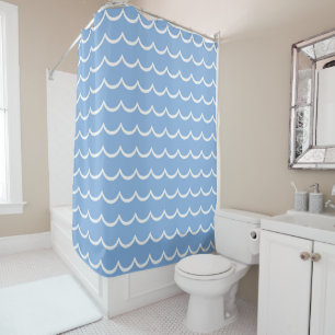 Blue and White Coastal Wave Pattern Shower Curtain