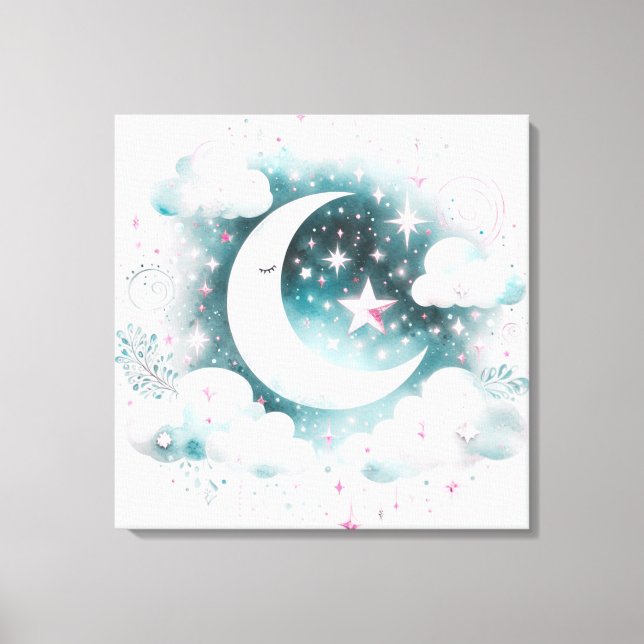 Blue and White Crescent Moon Celestial Boho Modern Canvas Print (Front)