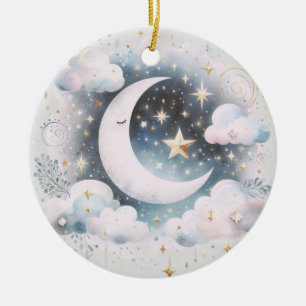 Blue and White Crescent Moon Celestial Boho Modern Ceramic Tree Decoration