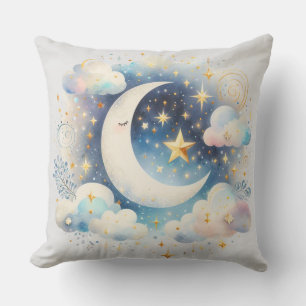Blue and White Crescent Moon Celestial Boho Modern Cushion
