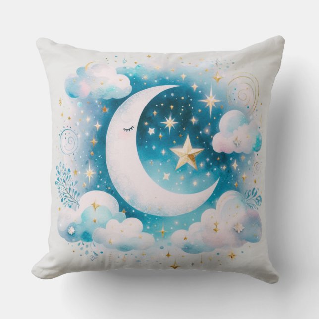 Blue and White Crescent Moon Celestial Boho Modern Cushion (Front)