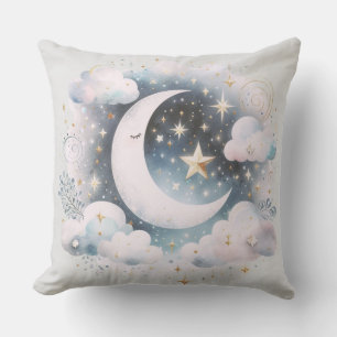 Blue and White Crescent Moon Celestial Boho Modern Cushion