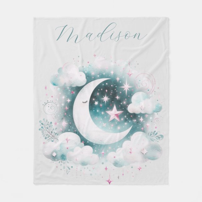 Blue and White Crescent Moon Celestial Boho Modern Fleece Blanket (Front)