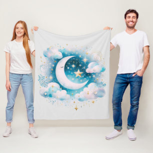 Blue and White Crescent Moon Celestial Boho Modern Fleece Blanket