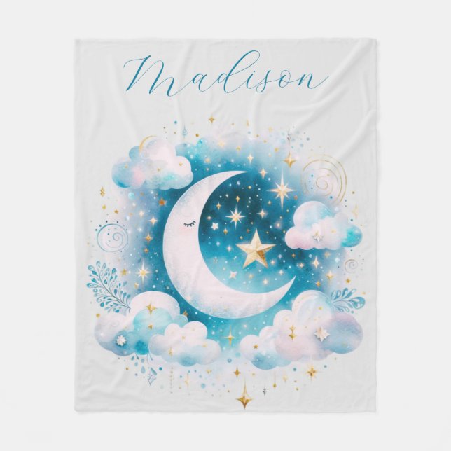 Blue and White Crescent Moon Celestial Boho Modern Fleece Blanket (Front)