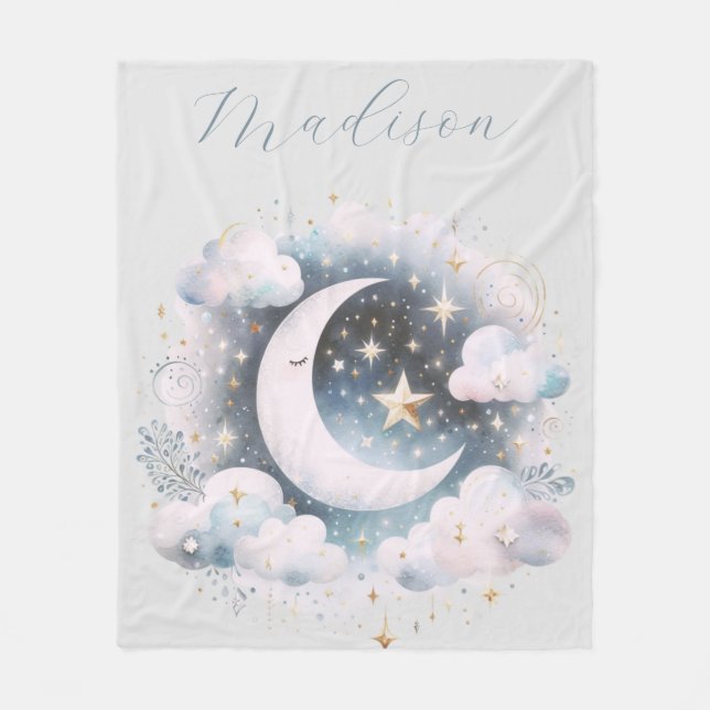 Blue and White Crescent Moon Celestial Boho Modern Fleece Blanket (Front)