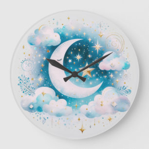 Blue and White Crescent Moon Celestial Boho Modern Large Clock