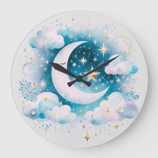 Blue and White Crescent Moon Celestial Boho Modern Large Clock (Front)