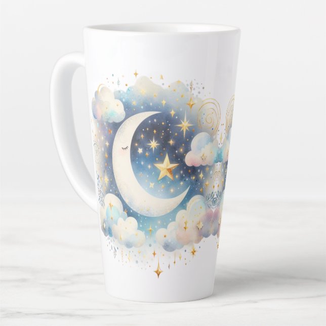 Blue and White Crescent Moon Celestial Boho Modern Latte Mug (Left Angle)