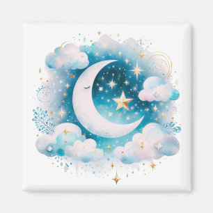 Blue and White Crescent Moon Celestial Boho Modern Magnet