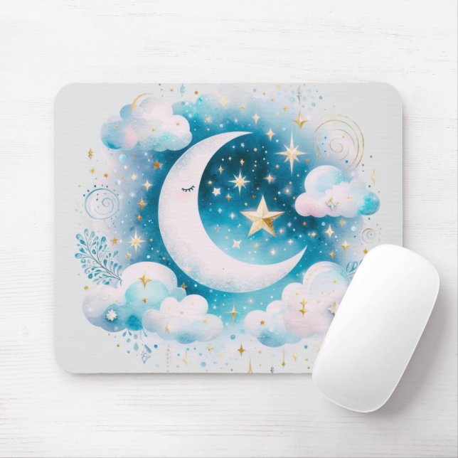 Blue and White Crescent Moon Celestial Boho Modern Mouse Pad (With Mouse)
