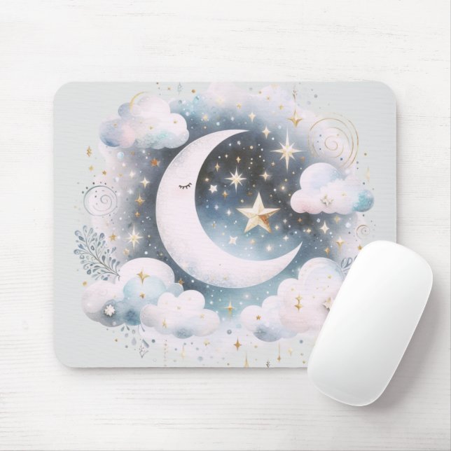 Blue and White Crescent Moon Celestial Boho Modern Mouse Pad (With Mouse)