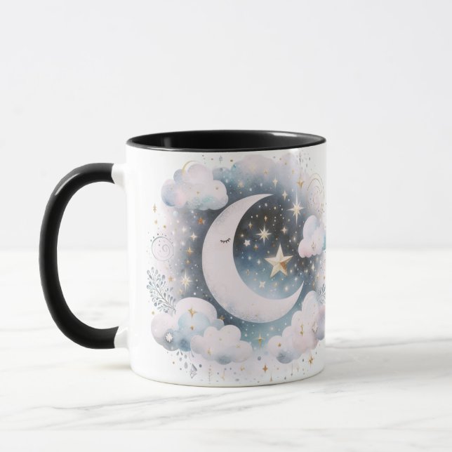 Blue and White Crescent Moon Celestial Boho Modern Mug (Left)