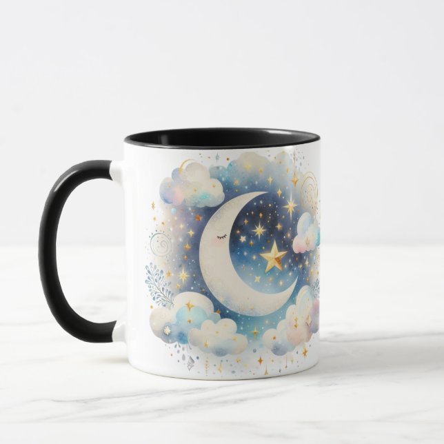 Blue and White Crescent Moon Celestial Boho Modern Mug (Left)