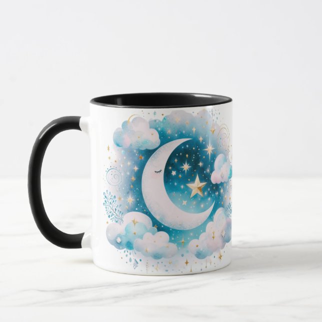 Blue and White Crescent Moon Celestial Boho Modern Mug (Left)