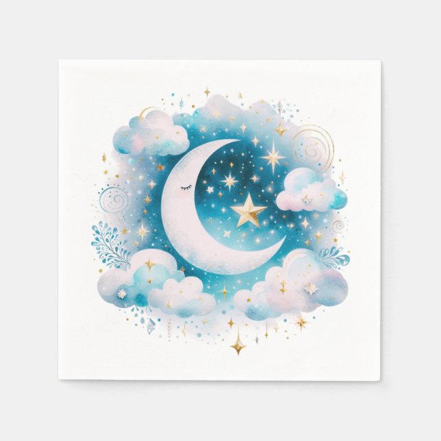 Blue and White Crescent Moon Celestial Boho Modern Napkin (Front)