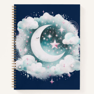 Blue and White Crescent Moon Celestial Boho Modern Notebook