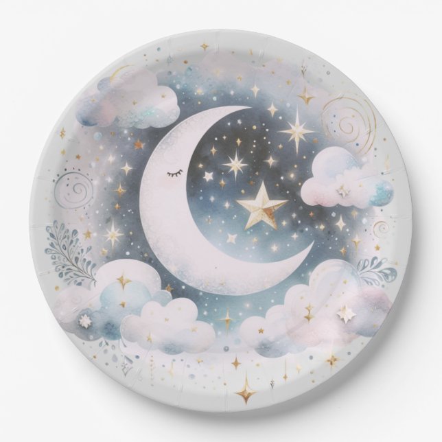 Blue and White Crescent Moon Celestial Boho Modern Paper Plate (Front)