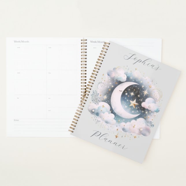 Blue and White Crescent Moon Celestial Boho Modern Planner (Display)