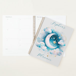 Blue and White Crescent Moon Celestial Boho Modern Planner
