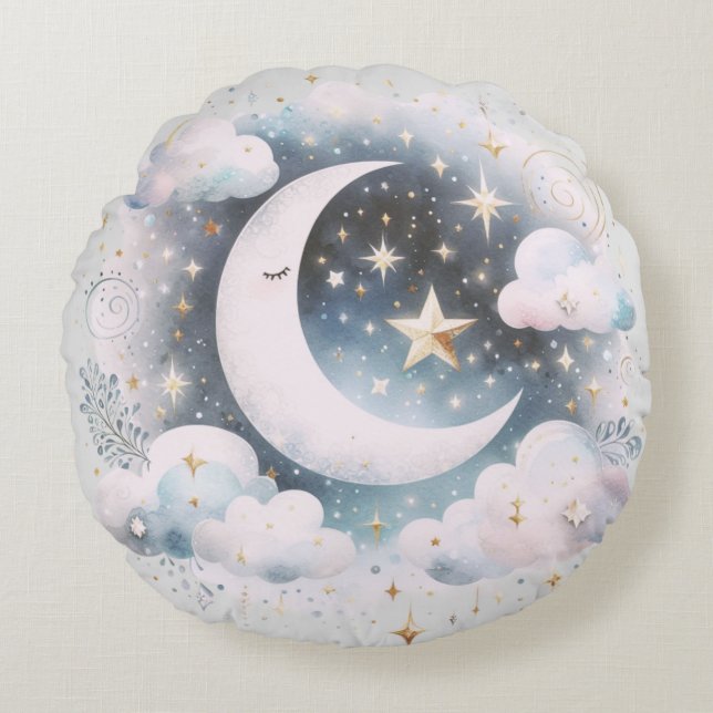Blue and White Crescent Moon Celestial Boho Modern Round Cushion (Front)