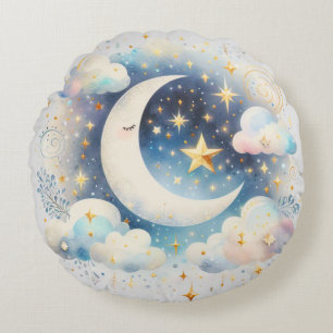 Blue and White Crescent Moon Celestial Boho Modern Round Cushion