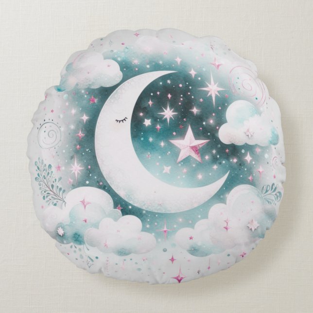 Blue and White Crescent Moon Celestial Boho Modern Round Cushion (Front)