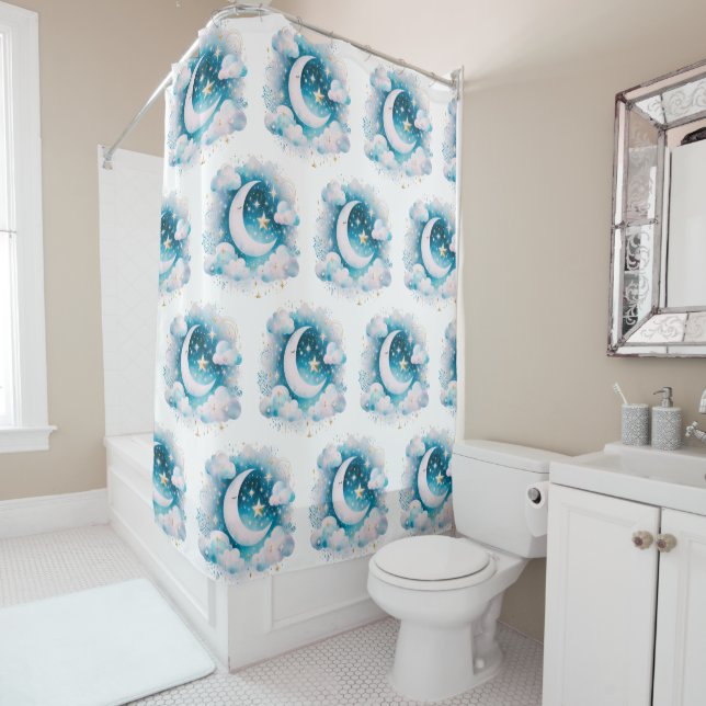 Blue and White Crescent Moon Celestial Boho Modern Shower Curtain (In Situ)