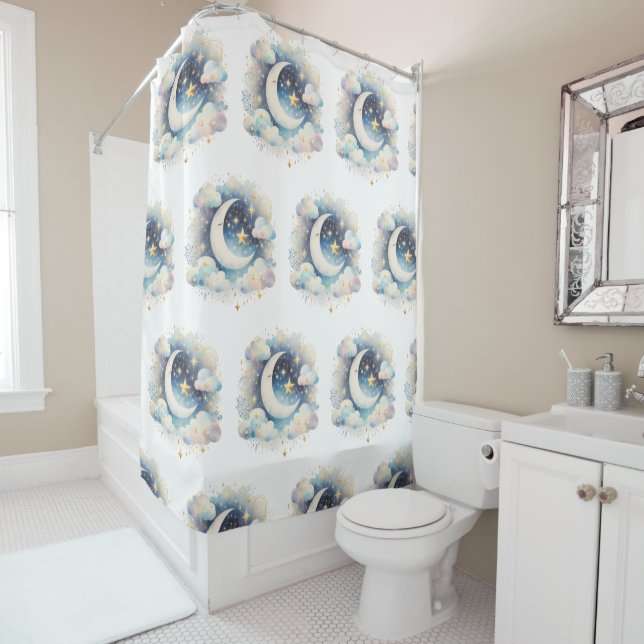 Blue and White Crescent Moon Celestial Boho Modern Shower Curtain (In Situ)