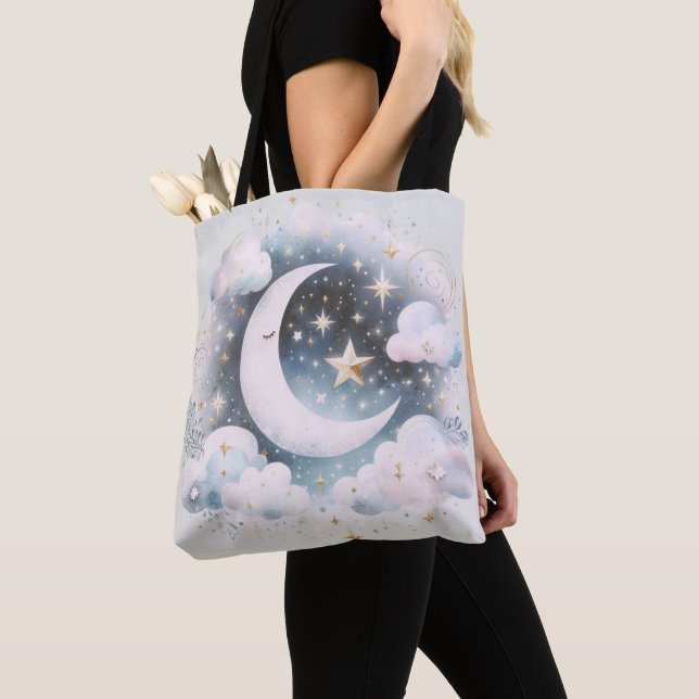 Blue and White Crescent Moon Celestial Boho Modern Tote Bag (Close Up)