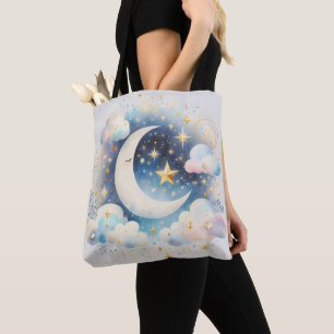 Blue and White Crescent Moon Celestial Boho Modern Tote Bag