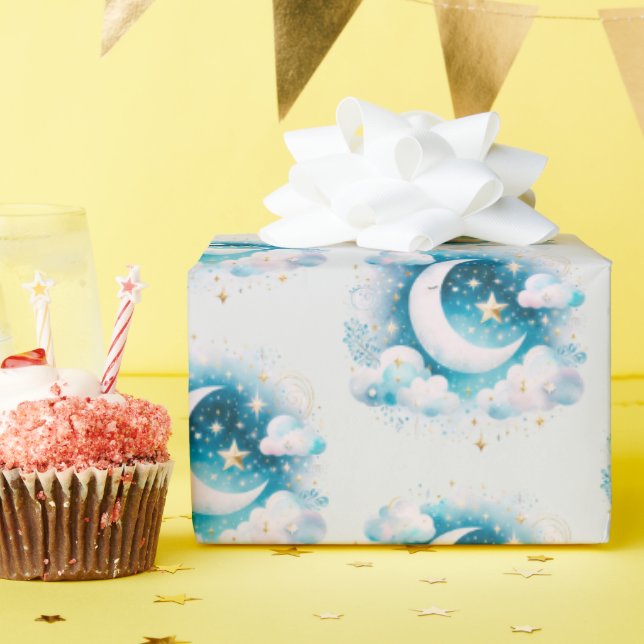 Blue and White Crescent Moon Celestial Boho Modern Wrapping Paper (Birthday Party)