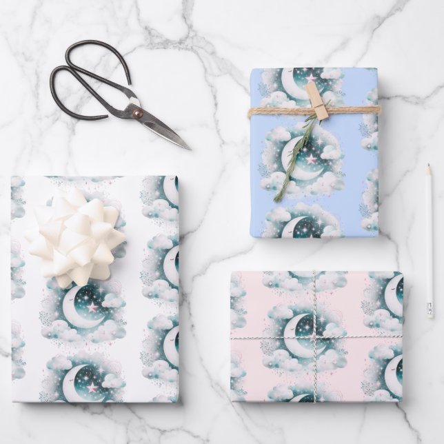 Blue and White Crescent Moon Celestial Boho Modern Wrapping Paper Sheet (Front)