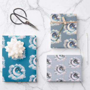Blue and White Crescent Moon Celestial Boho Modern Wrapping Paper Sheet