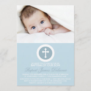 Blue and White Cross Baptism Photo Invitation