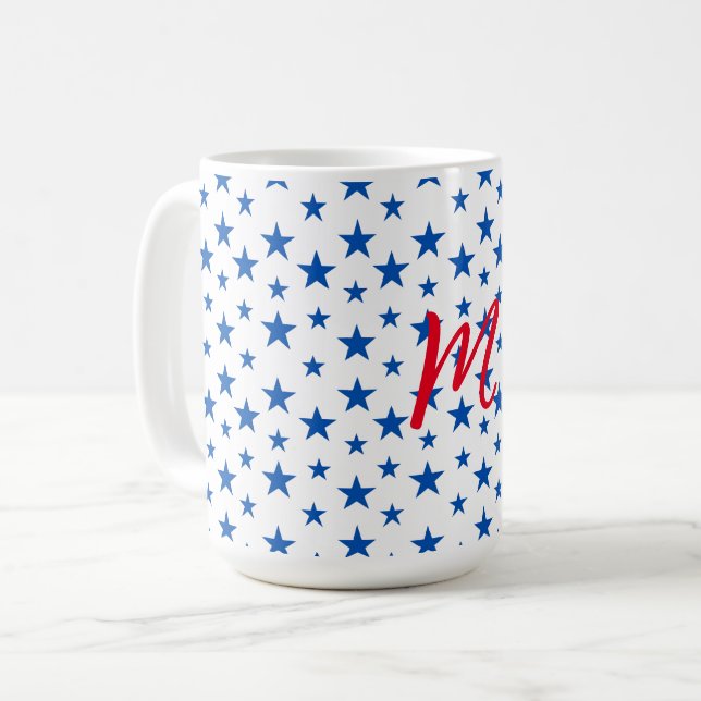 Blue And White Customisable Star Pattern Coffee Mug (Front Left)
