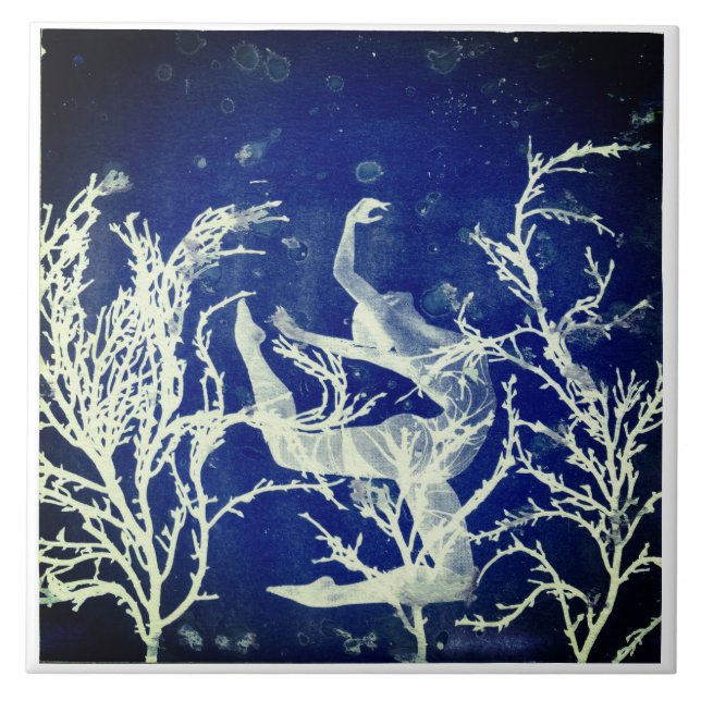 Blue and White Cyanotype Under Sea Dancer Tile (Front)
