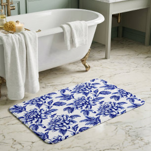 Blue and White Dahlia Flowers Toile de Jouy Bath Mat