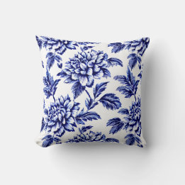 Blue and White Dahlia Flowers Toile de Jouy Cushion