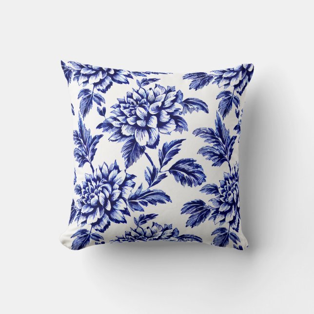 Blue and White Dahlia Flowers Toile de Jouy Cushion (Front)