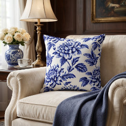 Blue and White Dahlia Flowers Toile de Jouy Cushion
