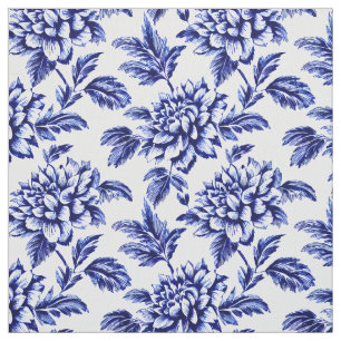 Blue and White Dahlia Flowers Toile de Jouy Fabric
